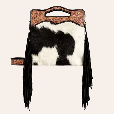 Rockin' C Black & White Hair On Tooled Leather Fringe Crossbody Bag
