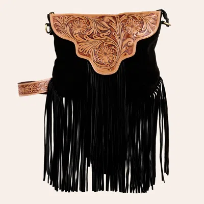 Rockin' C Black Faux Suede Tooled Leather Fringe Crossbody Bag