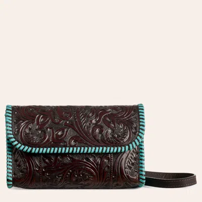 Rockin' C Chocolate Tooled Turquoise Whipstitched Mini Crossbody Bag In Brown