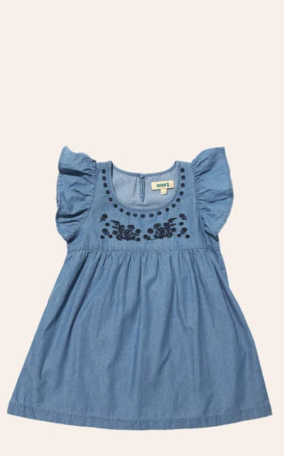 Rockin' C Girl's Black Floral Embroidered Chambray Dress In Blue