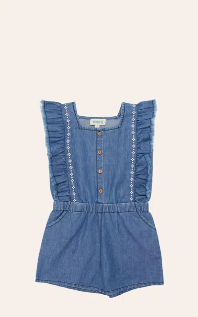 Rockin' C Girl's Medium Wash Aztec Embroidered Denim Romper In Blue