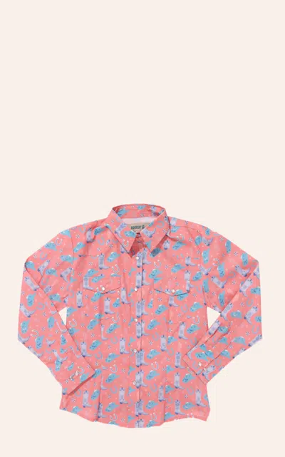 Rockin' C Girls' Coral & Blue Western Print Long Sleeve Shirt In Multi