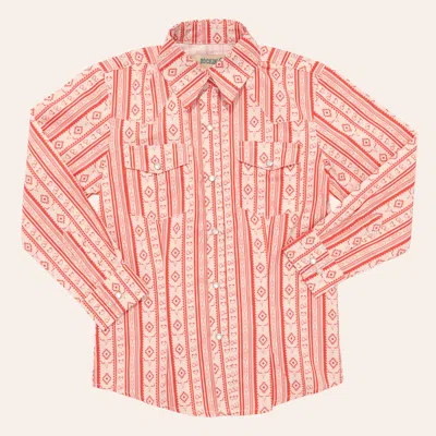 Rockin' C Girls' Coral Heart & Aztec Stripe Print Long Sleeve Pearl Snap Western Shirt In Multi