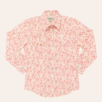 Rockin' C Girls' Coral Horse & Floral Print Long Sleeve Pearl Snap Western Shirt In Orange