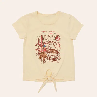 Rockin' C Girls' Cream Wild West Graphic Tie Front Knit Top In Brown