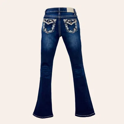 Rockin' C Girls' Dark Wash Floral Embroidered Bootcut Jeans In Dark Blue