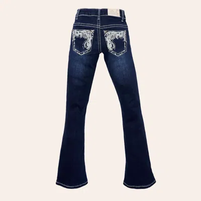 Rockin' C Girls' Dark Wash Mid Rise Rhinestone Pocket Bootcut Jeans In Blue