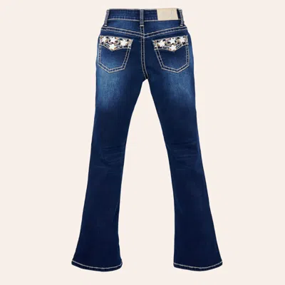 Rockin' C Kids'  Girls' Dark Wash Star Embroidered Faux Flap Pocket Bootcut Jeans In Blue