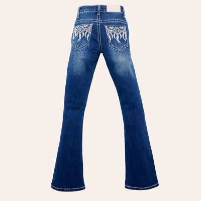 Rockin' C Girls' Medium Wash Aztec Feathers Embroidered Bootcut Jeans In Blue