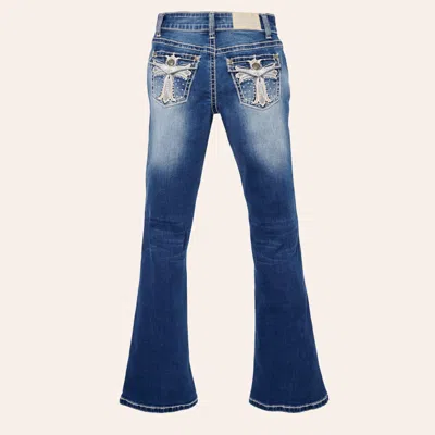 Rockin' C Girls' Medium Wash Bling Cross Embroidered Bootcut Jeans In Blue