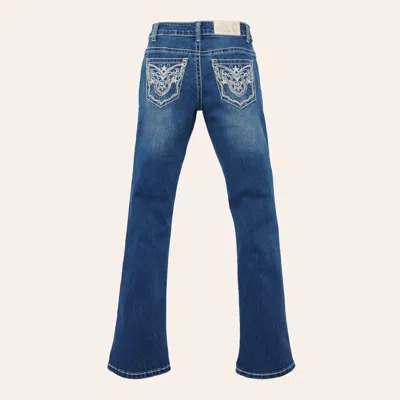 Rockin' C Girls' Medium Wash Embroidered Scroll Pocket Jeans In Blue