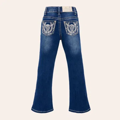 Rockin' C Girls' Medium Wash Horseshoe & Skull Stitched Pocket Bootcut Jeans In Blue
