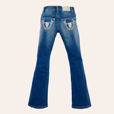 Rockin' C Girls' Medium Wash Longhorn Embellished Bootcut Jeans In Blue