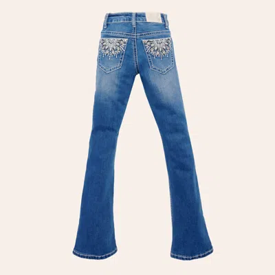 Rockin' C Girls' Medium Wash Peacock Feather Embroidered Bootcut Jeans In Blue