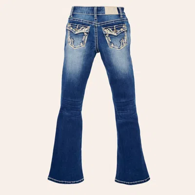 Rockin' C Girls' Medium Wash Wheat Embroidered Faux Flap Pocket Bootcut Jeans In Blue