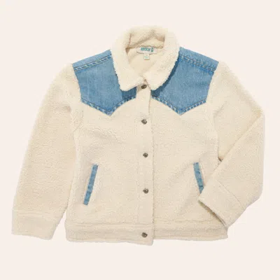Rockin' C Girls' Off White & Light Wash Denim Yoked Sherpa Jacket In Multi