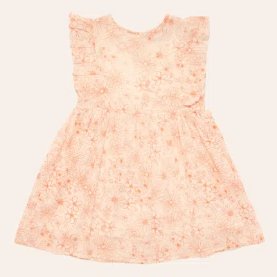 Rockin' C Girls' Off White & Orange Floral Print Ruffle Sleeve Dress