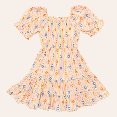 Rockin' C Kids'  Girls' Orange & Blue Aztec Stripe Print Puff Sleeve Dress In Multi