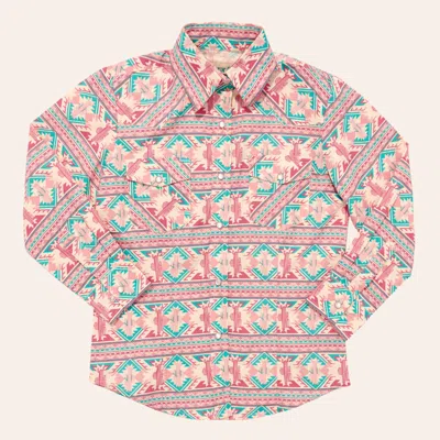 Rockin' C Girls' Pink & Turquoise Aztec Print Pearl Snap Long Sleeve Western Shirt