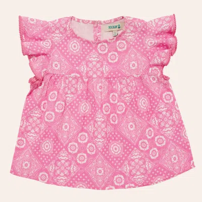 Rockin' C Girls' Pink & White Patchwork Print Flutter Sleeve Top