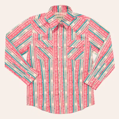 Rockin' C Girls' Pink Cactus & Turquoise Aztec Stripe Print Long Sleeve Pearl Snap Western Shirt