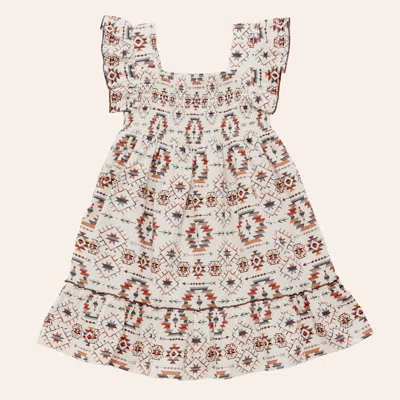 Rockin' C Girls' White Aztec Print Smocked Flutter Sleeve Dress