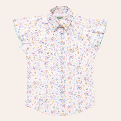 Rockin' C Girls' White Ditsy Floral Print Flutter Sleeve Pearl Snap Western Shirt In Yellow