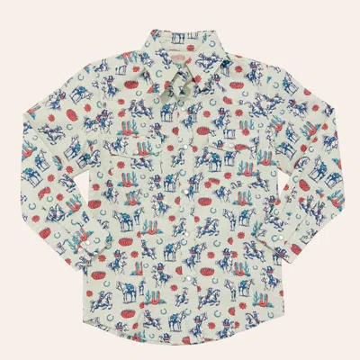 Rockin' C Girls' White Horse & Cactus Print Long Sleeve Pearl Snap Western Shirt In Blue
