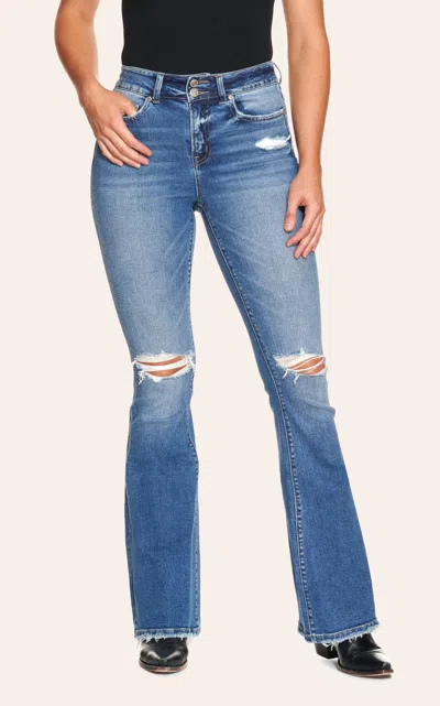 Rockin' C Rockinâ€™ C Womenâ€™s Light Wash Distressed Double Button High Rise Flare Jeans In Blue