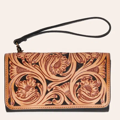 Rockin' C Tan & Black Floral Tooled Wallet In Brown