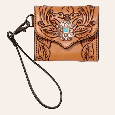 Rockin' C Tan Floral Tooled Leather Concho Wristlet Wallet