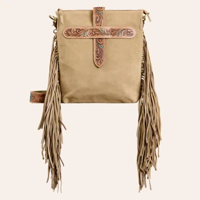 Rockin' C Tan Tooled Suede Fringe Crossbody Bag In Brown