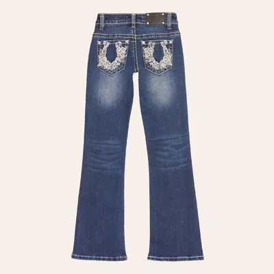 Rockin' C Wired Heart Girl's Medium Wash Floral Scrolling Horseshoe Embroidery Boot Cut Jeans In Blue