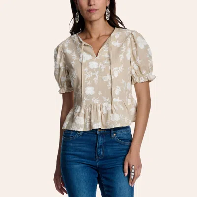 Rockin' C Women's Beige & White Floral Embroidered Tie Front Peplum Top