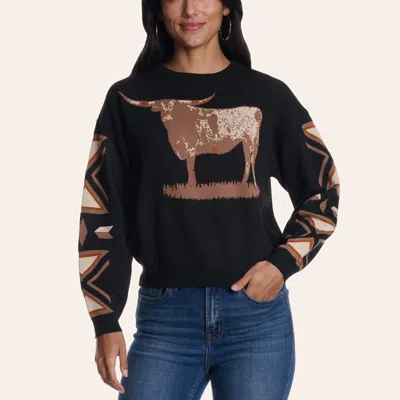 Rockin' C Women's Black & Brown Longhorn Graphic Aztec Print Sweater