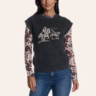 Rockin' C Women's Black & Cream Roping Embroidered Ribbed Sweater Vest In Multi