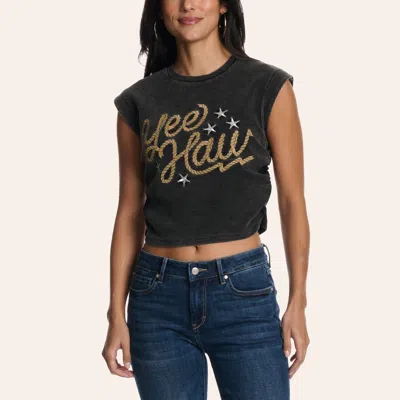 Rockin' C Women's Black Mineral Wash Yeehaw Graphic Cropped Tank Top