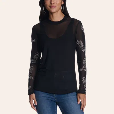 Rockin' C Women's Black Rhinestone Boot Print Mesh Top In Animal Print