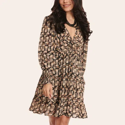 Rockin' C Women's Black Sandy Tan & Rust Boot Print Lurex Long Puff Sleeve Dress