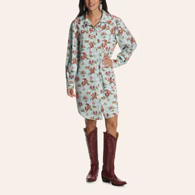 Rockin' C Women's Blue Western Print Long Sleeve Dress In Multi