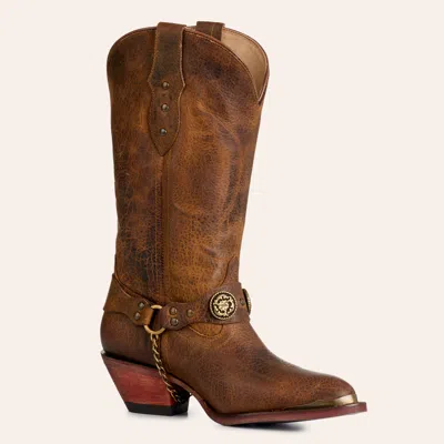 Rockin' C Women's Brown Concho Harness Strap Round Toe Cowboy Boots