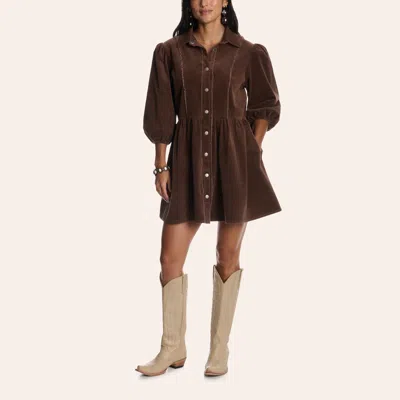 Rockin' C Women's Brown Corduroy Puff Sleeve Mini Shirt Dress