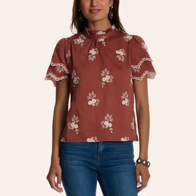 Rockin' C Women's Brown Floral Embroidered Ruffle Sleeve Mock Neck Top