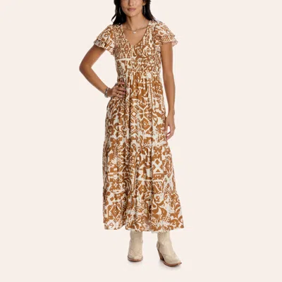 Rockin' C Women's Brown Patchwork Print Tiered Flutter Sleeve Maxi Dress