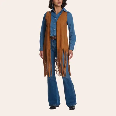 Rockin' C Women's Camel Faux Suede Fringed Vest In Brown