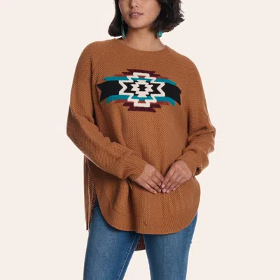 Rockin' C Women's Caramel Aztec Appliqué Round Hem Sweater In Brown