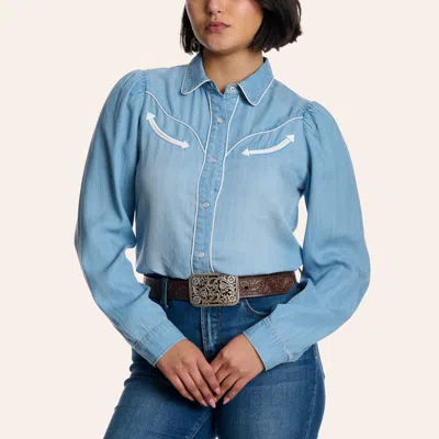 Rockin' C Women's Chambray Smiley Pocket Long Sleeve Pearl Snap Western Shirt In Blue