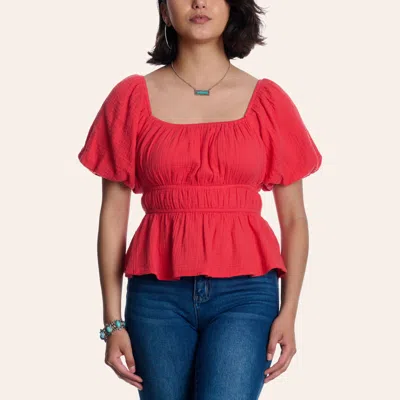 Rockin' C Women's Coral Smocked Puff Sleeve Top In Red