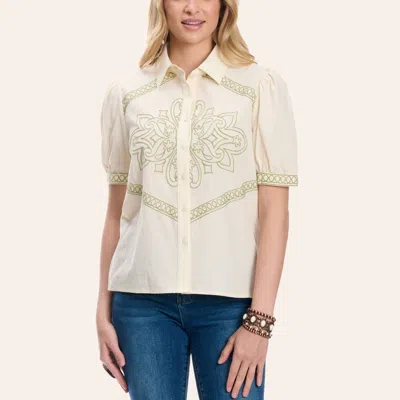 Rockin' C Women's Cream & Green Embroidered Top In White