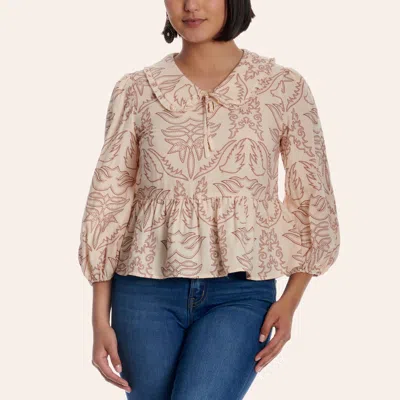Rockin' C Women's Cream Boot Stitch Print Peter Pan Collar Peplum Top